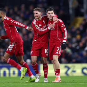 Florian Wirtz of Liverpool celebrates scoring his team's first goal with teammates Alexis Mac Allister and Cody Gakpo during the Premier League match between Fulham and Liverpool at Craven Cottage on January 04, 2026 in London, England. (Photo by Clive Rose/Getty Images)