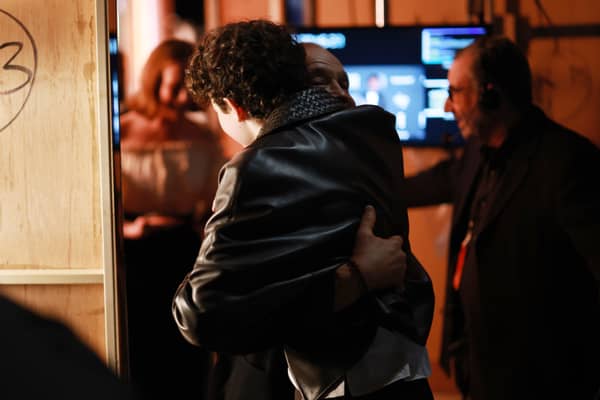 Owen Cooper and Stephen Graham hug at the 31st Critics Choice Awards.