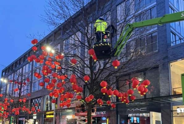 Lanterns being put up in Liverpool ONE.