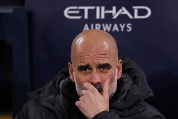  Pep Guardiola, Manager of Manchester City, looks on prior to the Carabao Cup Semi Final Second Leg match between Manchester City and Newcastle United at Etihad Stadium on February 04, 2026 in Manchester, England. (Photo by Kate McShane/Getty Images)