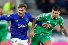 Kiernan Dewsbury-Hall of Everton is challenged by Bruno Guimaraes of Newcastle United during the Premier League match between Everton and Newcastle United at Hill Dickinson Stadium on November 29, 2025 in Liverpool, England. (Photo by Molly Darlington/Getty Images)