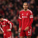 Virgil van Dijk of Liverpool looks dejected following the Premier League match between Liverpool and Tottenham Hotspur at Anfield on March 15, 2026 in Liverpool, England. (Photo by Carl Recine/Getty Images)