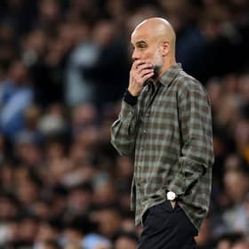  Pep Guardiola, Manager of Manchester City, looks on during the UEFA Champions League 2025/26 Round of 16 Second Leg match between Manchester City FC and Real Madrid CF at City of Manchester Stadium on March 17, 2026 in Manchester, England. (Photo by Michael Regan/Getty Images)