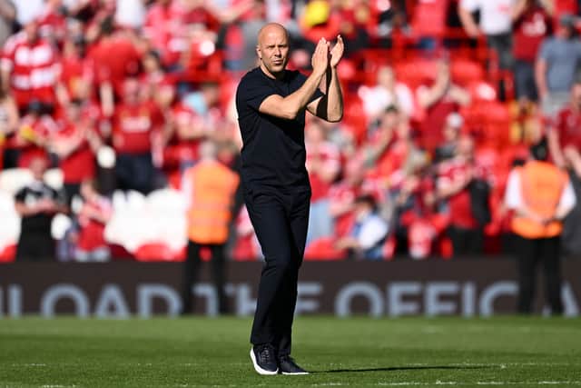 Arne Slot, Manager of Liverpool, applauds the fans following the team's victory during the Premier League match between Liverpool and Crystal Palace at Anfield on April 25, 2026 in Liverpool, England. (Photo by Gareth Copley/Getty Images)
