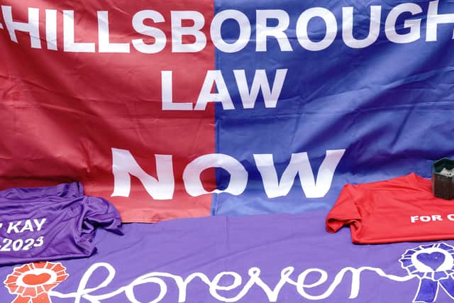 A banner demanding 'Hillsborough Law Now'