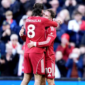 Liverpool's Alexis Mac Allister celebrates scoring his sides third goal with Dominik Szoboszlai. 