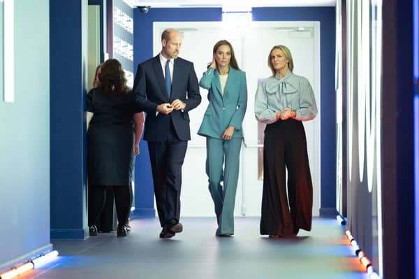The Prince and Princess of Wales with Gabby Logan during a visit to Everton FC's Hill Dickinson Stadium in Liverpool, to meet leading figures from across sport to call on the sector to unite behind a shared goal to prevent suicide, on World Suicide Prevention Day. 