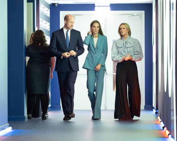The Prince and Princess of Wales with Gabby Logan during a visit to Everton FC's Hill Dickinson Stadium in Liverpool, to meet leading figures from across sport to call on the sector to unite behind a shared goal to prevent suicide, on World Suicide Prevention Day. 