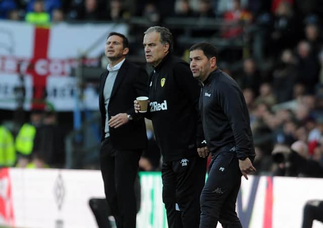 Leeds United boss Marcelo Bielsa alongside Rams manager Frank Lampard in the Championship play-off semi-final (Picture: Tony Johnson)