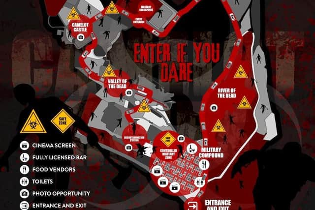 The official map of the Camelot Rises attraction - a "fully immersive, drive-in zombie experience" opening at the former theme park in Charnock Richard on February 5. Pic credit: Park N Party/Camelot Rises