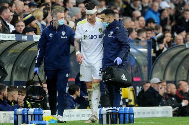 HEAD KNOCK - Leeds United defender Robin Koch had to leave the Manchester United game after a challenge by Scott McTominay. Pic: Simon Hulme