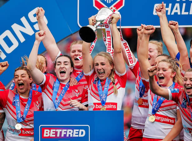 <p>St Helens captain Jodie Cunningham and team-mates celebrate with the Betfred Women's Challenge Cup trophy. Picture: Alex Whitehead/SWpix.com.</p>