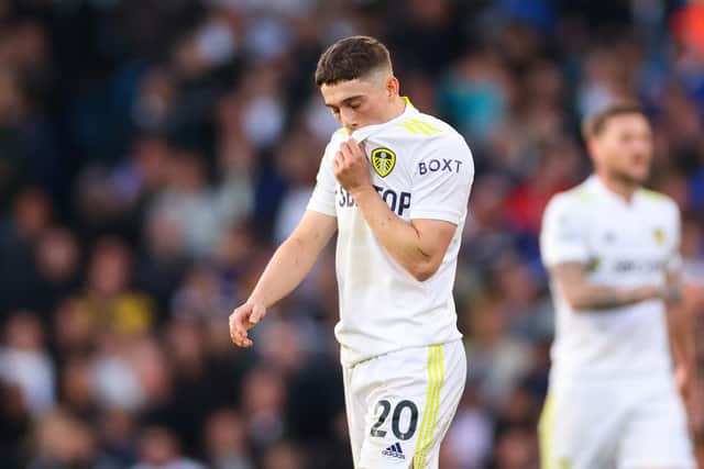 RED: Daniel James is shown a straight red card at Elland Road (Photo by Robbie Jay Barratt - AMA/Getty Images)