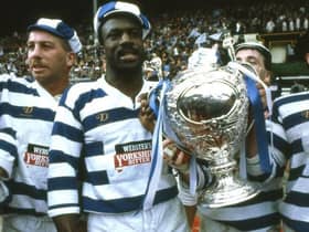 Paul Dixon, Scott Wilson, Wilf George and Mick Scott hold the Challenge Cup trophy after Halifax's 19-18 win against St Helens at Wembley in 1987.
