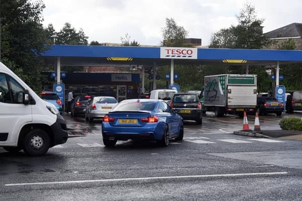 Queues this afternoon at a Tesco petrol station. 
