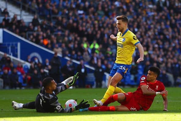 Brighton and Hove Albion goalkeeper Rob Sanchez was lucky not to be sent off after clattering into Liverpool's Luis Diaz in the first half