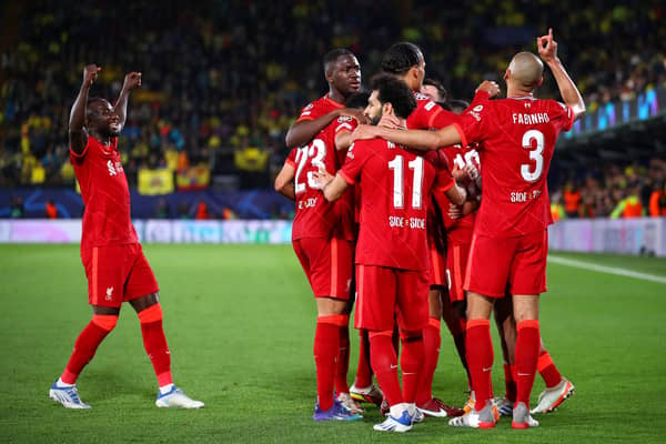 Sadio Mane celebrates with teammates after scoring Liverpool's third goal during the UEFA Champions League semi final leg two match between Villarreal and Liverpool at Estadio de la Ceramica on May 3, 2022 in Villarreal, Spain. Photo by Eric Alonso/Getty Images