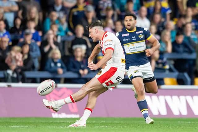 Lewis Dodd kicks the winning drop goal against Leeds in the last minute of golden-point extra-time at Headingley. Picture by Allan McKenzie/SWpix.com