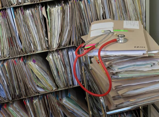 A stethoscope on top of patient's files at the Temple Fortune Health Centre GP Practice near Golders Green, London.