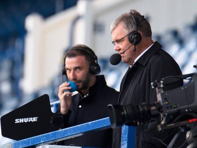 Clive Tyldesley commentating on Rangers v St Mirren with Kevin Thomson. Picture: Willie Vass/Getty Images
