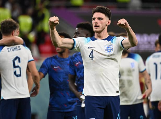 <p>England's midfielder #04 Declan Rice celebrates after England won the Qatar 2022 World Cup Group B football match between Wales and England (Picture: INA FASSBENDER/AFP via Getty Images)</p>