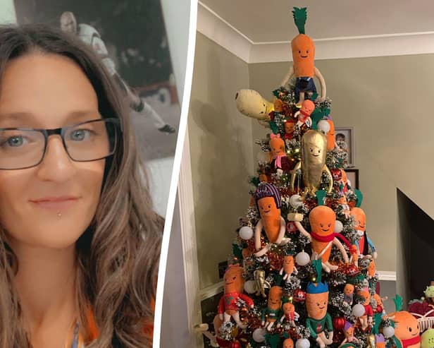 Kevin the Carrot superfan  Chevie Wells and her Christmas tree 

