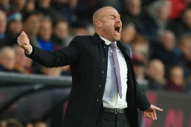 <p>Burnley's English manager Sean Dyche gestures on the touchline during the English Premier League football match between Burnley and Everton at Turf Moor in Burnley, north west England on April 6, 2022.</p>