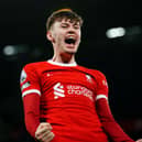Liverpool's Conor Bradley celebrates. PIC: Peter Byrne/PA Wire.