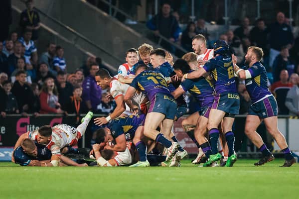 Both sets of players clash after Morgan Knowles' high tackle. (Photo: Alex Whitehead/SWpix.com)