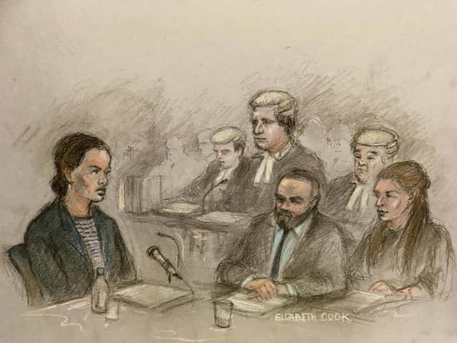 Court artist sketch by Elizabeth Cook of Coleen Rooney's barrister David Sherborne (centre back) questioning Rebekah Vardy (left) as she gives evidence at the Royal Courts Of Justice, London, as Coleen (right) and Wayne (second right) Rooney watch.