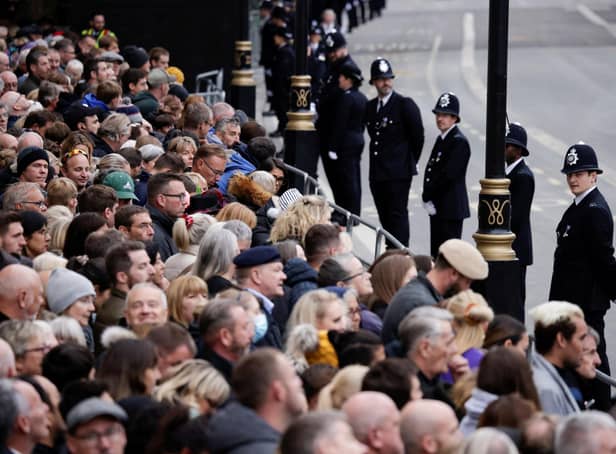 <p>The crowd near Horse Guards in London ahead of the State Funeral of Queen Elizabeth II. Picture date: Monday September 19, 2022.</p>
