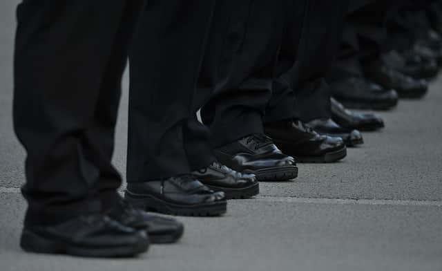 Stock photo of Metropolitan Police officers boots during a Metropolitan Police passing out parade for new officers at Peel House in Hendon.