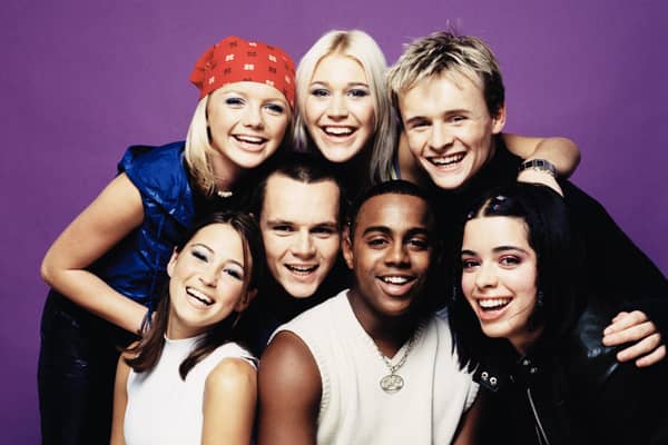 S Club 7 are to perform in Liverpool on their reunion tour. Pictured are Jo O'Meara, Hannah Spearritt, Rachel Stevens, Tina Barrett, Paul Cattermole, Jon Lee and Bradley McIntosh. (Photo by Tim Roney/Getty Images)