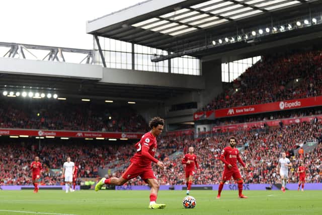 LIVERPOOL, ENGLAND - AUGUST 21: Trent Alexander-Arnold of Liverpool during the Premier League match between Liverpool  and  Burnley at Anfield on August 21, 2021 in Liverpool, England. (Photo by Catherine Ivill/Getty Images)
