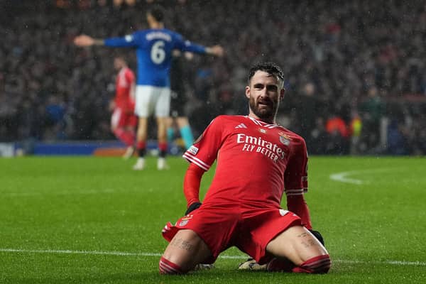 Rafa Silva celebrates after his goal helped Benfica progress in the Europa League at Rangers' expense.