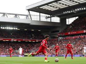LIVERPOOL, ENGLAND - AUGUST 21: Trent Alexander-Arnold of Liverpool during the Premier League match between Liverpool  and  Burnley at Anfield on August 21, 2021 in Liverpool, England. (Photo by Catherine Ivill/Getty Images)