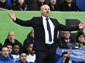 Everton's English manager Sean Dyche reacts during the English Premier League football match between Everton and Arsenal at Goodison Park in Liverpool, north-west England, on February 4, 2023. (Photo by PAUL ELLIS/AFP via Getty Images)