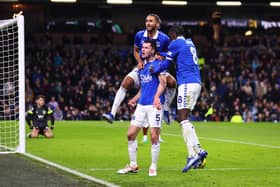 Michael Keane of Everton celebrates with teammates. (Photo by Marc Atkins/Getty Images).