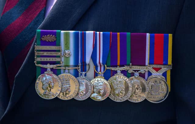 Medals on a veteran in Blackpool, Lancashire during a ceremony to mark the 40th anniversary of the Falklands War. Picture date: Sunday June 12, 2022.