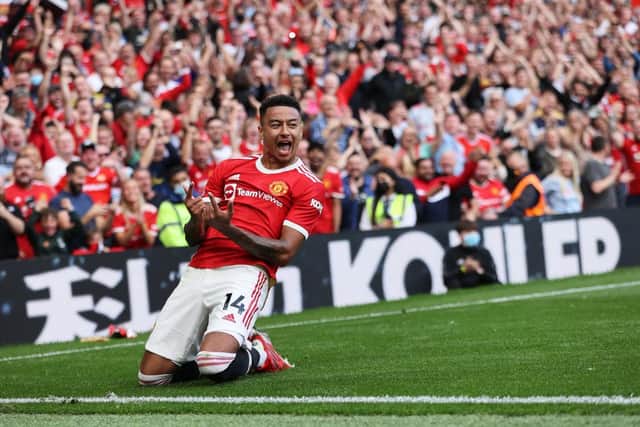 Jesse Lingard of Manchester United celebrates after scoring against Newcastle United at Old Trafford (Photo by Clive Brunskill/Getty Images)