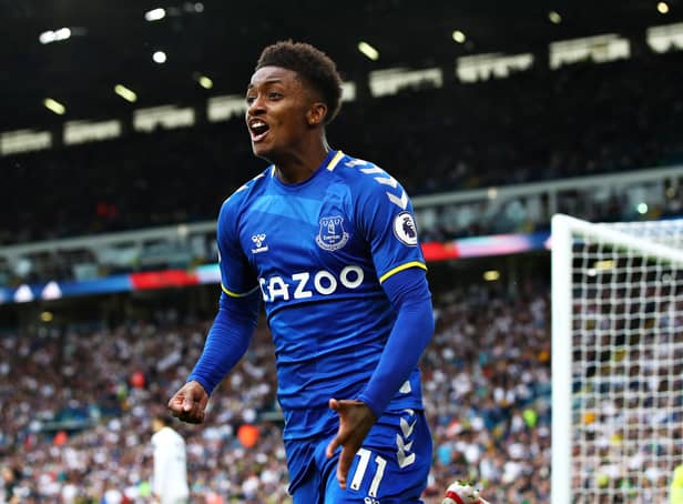 <p>LEEDS, ENGLAND - AUGUST 21: Demarai Gray of Everton celebrates after scoring their side's second goal during the Premier League match between Leeds United and Everton at Elland Road on August 21, 2021 in Leeds, England. (Photo by Marc Atkins/Getty Images)</p>