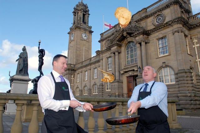 The Mayor Coun Ernest Gibson was pictured with Andrew Watts of Ground Work at the Town Hall in this pancake scene from 2014 - but who can tell us more?