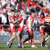 St Helens' Jonathan Bennison (left) is congratulated by his team mates after scoring a try. Picture: Will Matthews/PA Wire.