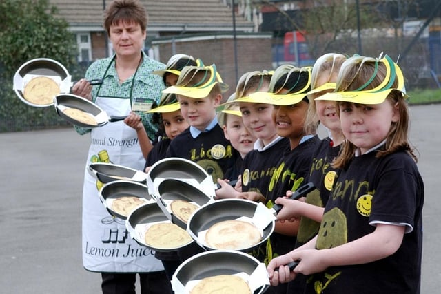 Pupils from Laygate School were getting ready for a pancake race 18 years ago.